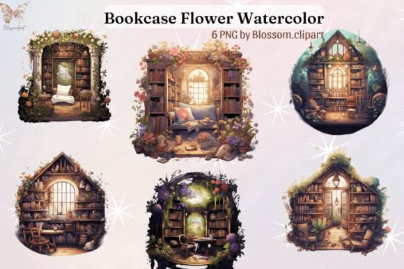 Bookcase Flower Watercolor Cliparts