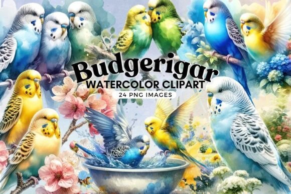 Budgerigar Watercolor Clipart Bundle