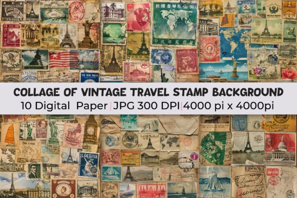 Collage of Vintage Travel Stamp Backdrop