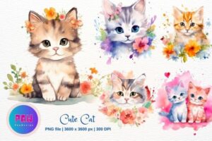 Cute Cat Floral Watercolor Clipart