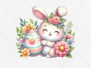 Cute Easter Bunny with Eggs and Flowers