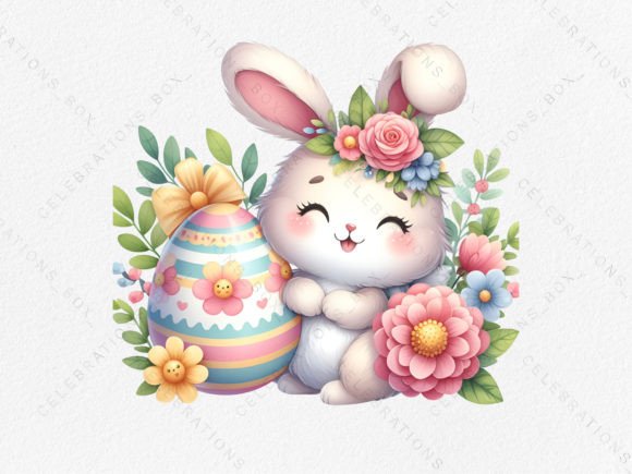 Cute Easter Bunny with Eggs and Flowers