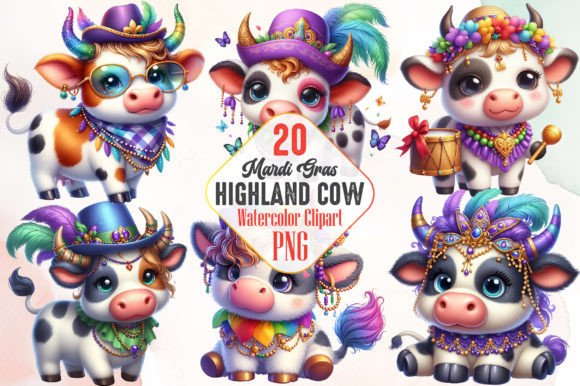 Cute Mardi Gras Highland Cow Sublimation