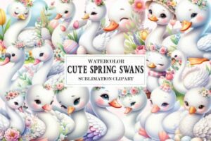 Cute Spring Swans Watercolor Clipart PNG
