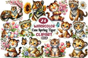 Cute Spring Tiger Watercolor Clipart Png