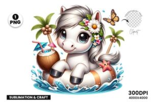 Cute Summer White Horse Sublimation PNG