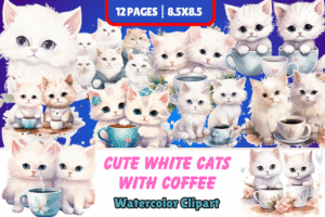 Cute White Cats with Coffee Watercolor
