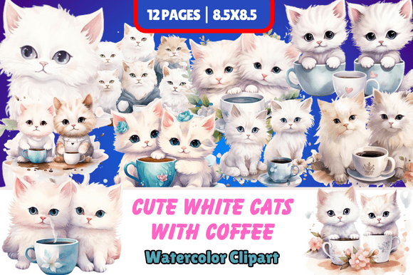 Cute White Cats with Coffee Watercolor
