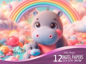 Cute Mammy and Baby Hippos 3d Rendering