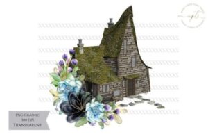 Fairy House Blue Flowers PNG Graphic