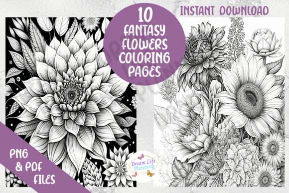 Fantasy Flowers Greyscale Coloring