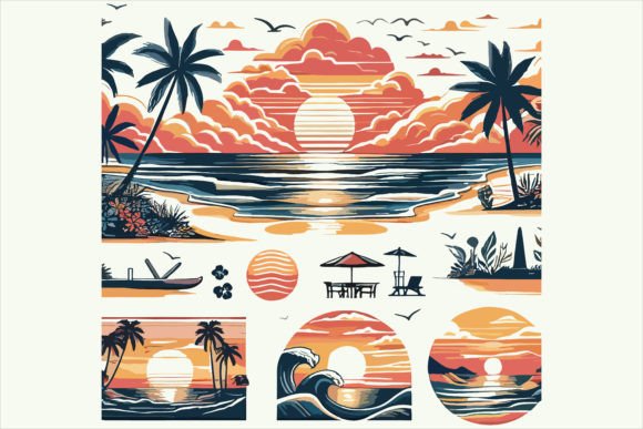 Free Sunset Beach Sticker Brush Vector