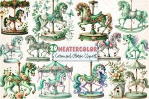 Green Nursery Carousel Horses Clipart