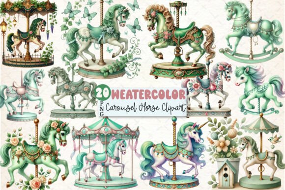 Green Nursery Carousel Horses Clipart