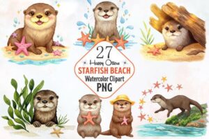 Happy Otters & Starfish Beach ClipArt's