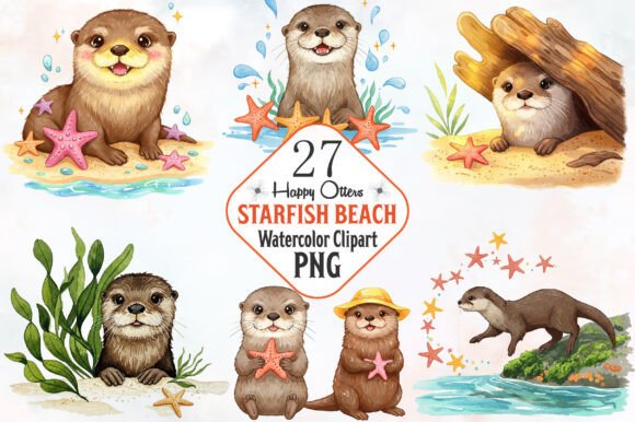 Happy Otters & Starfish Beach ClipArt's