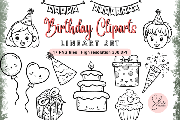 Kawaii Birthday Cliparts - Lineart Set