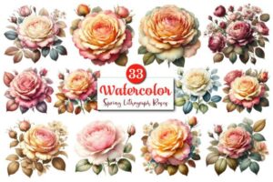 Spring Lithograph Roses Clipart Bundle.
