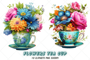 Vintage Flowers Tea Cup and Pot Clipart