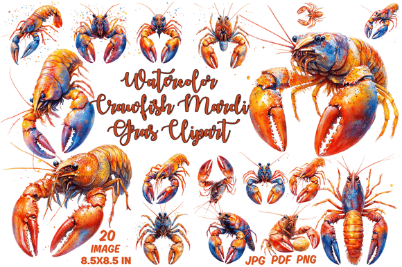 Watercolor Crawfish Mardi Gras Clipart