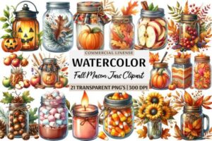 Watercolor Fall Mason Jars Clipart