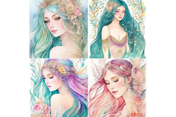 Watercolor Pastel Mermaid Illustrations