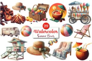 Watercolor Summer Beach PNG Clipart