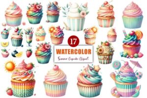 Watercolor Summer Cupcake Clipart