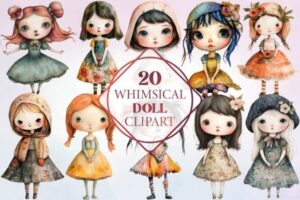Watercolor Whimsical Doll Clipart