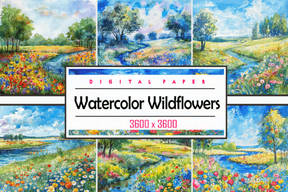 Watercolor Wildflowers Field