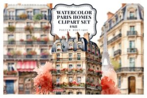 Watercolor Paris Homes Clipart Set