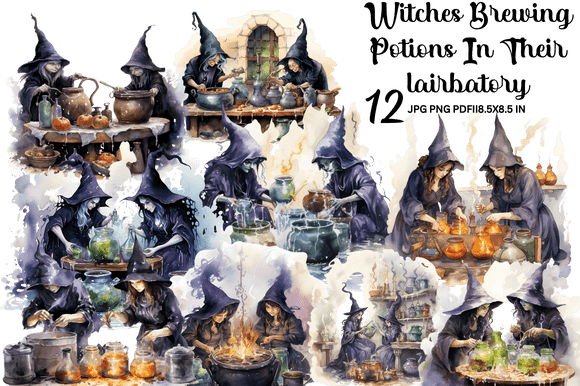 Witches Brewing Potions in Their Lairbat