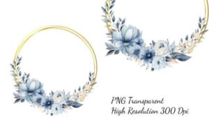 Blue Floral Circle Gold Frame Greenery