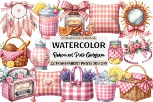 Bohemian Pink Gingham Summer Clipart