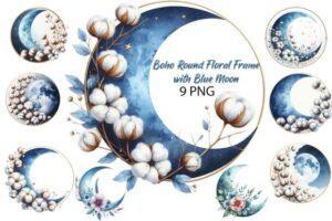 Boho Round Floral Frame with Blue Moon