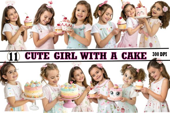 Cute Girl with a Cake Clipart