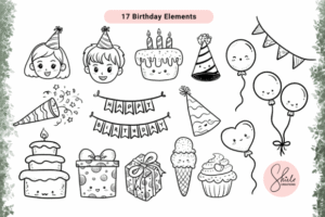 Kawaii Birthday Cliparts - Lineart Set