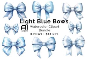 Light Blue Bow Watercolor Clipart Bundle