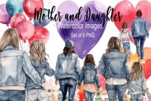 Mother and Daughter Watercolor Clipart