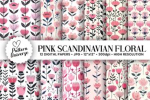 Pink Scandinavian Flowers Digital Papers