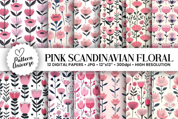 Pink Scandinavian Flowers Digital Papers