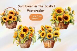 Sunflower in the Basket Watercolor Free