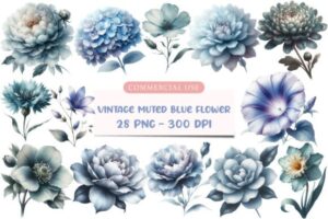 Vintage Muted Blue Flower Clipart