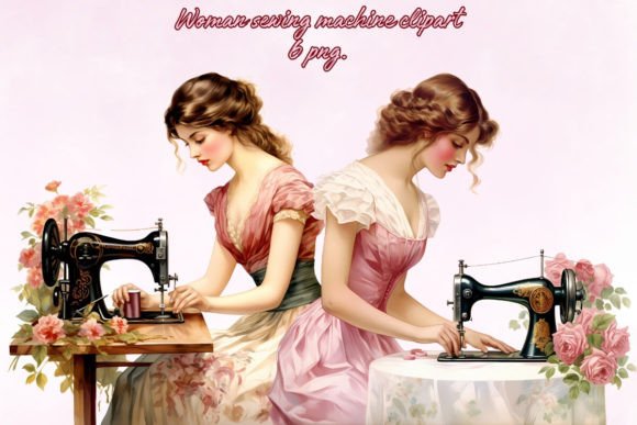 Vintage Girl Sewing Machine Clipart.