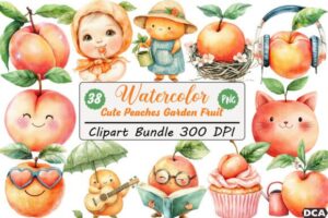 Watercolor Cute Peaches Garden Fruit