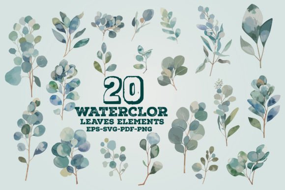 Watercolor Green Leaves Elements Bundle