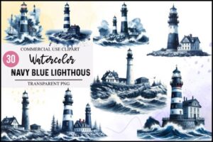 Watercolor Navy Blue Lighthous Clipart
