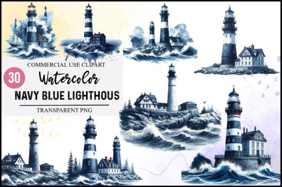 Watercolor Navy Blue Lighthous Clipart