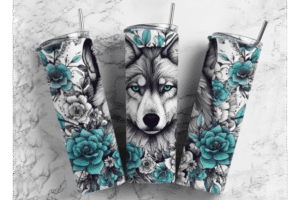 Wolf Teal White Flowers Tattoo Style PNG