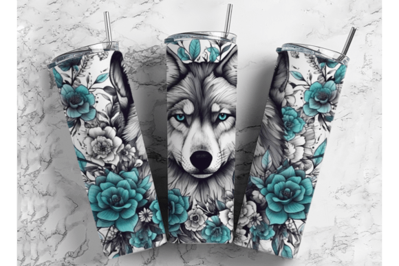 Wolf Teal White Flowers Tattoo Style PNG
